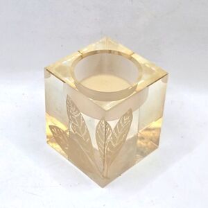 Simon Designs Etched Crystal Leaf Votive Candle Holder Pinkish Amber Glass Cube